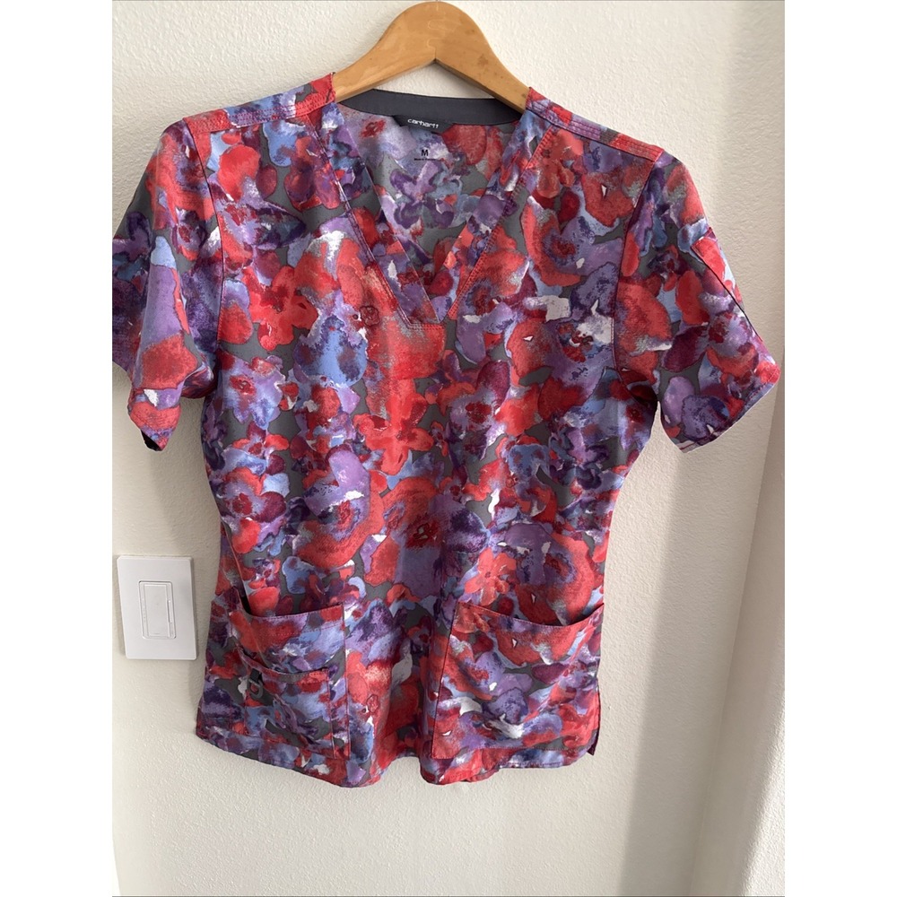 Women's Carhartt Scrub Top Floral Pink Purple Grey Floral Size Medium